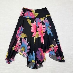 Y2K Floral Chiffon Midi Skirt Asymmetrical Handkerchief Hem Boho Womens S